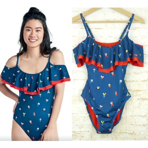 Disney Store Mickey Minnie Mouse Ice Cream One Piece Swimsuit Womens XS Blue NEW